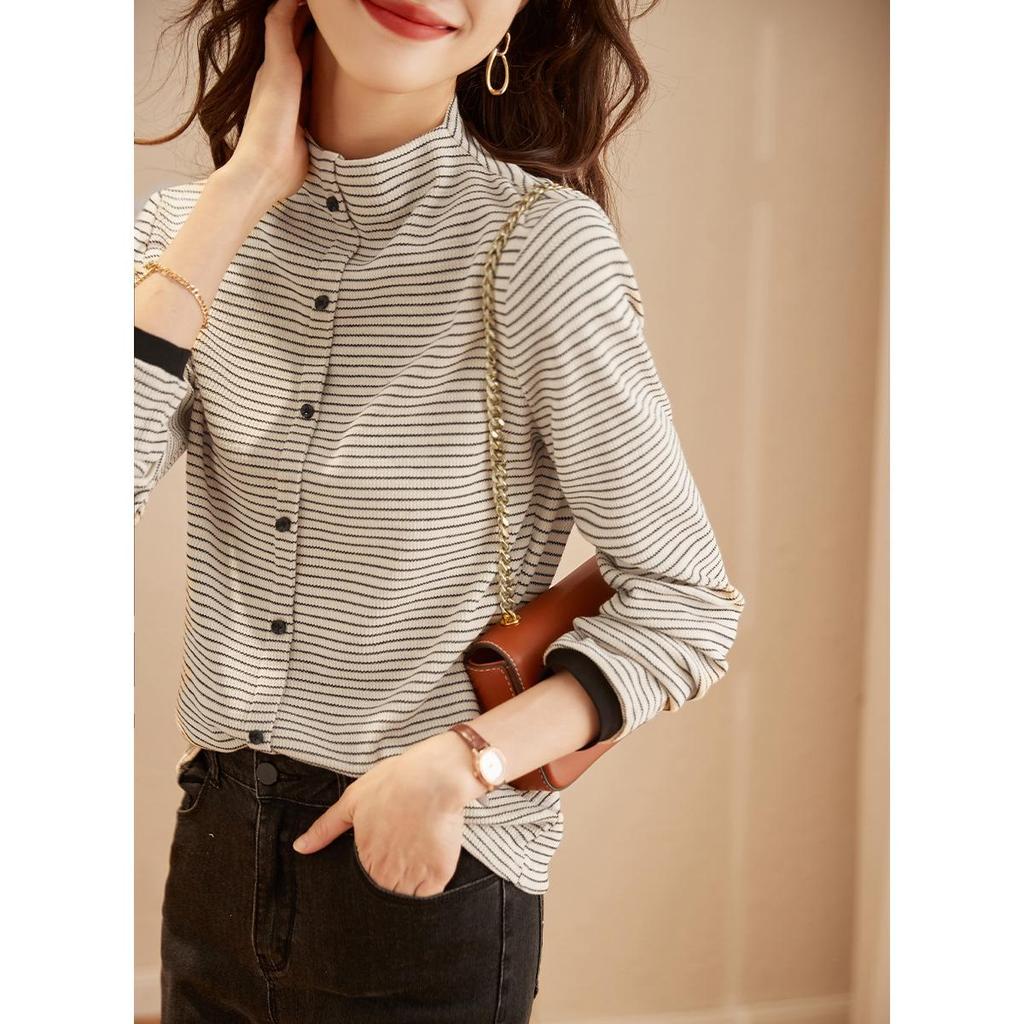 Women's 2023 Winter Color-Block Striped Semi-High Neck Long Sleeve Base Layer Top
