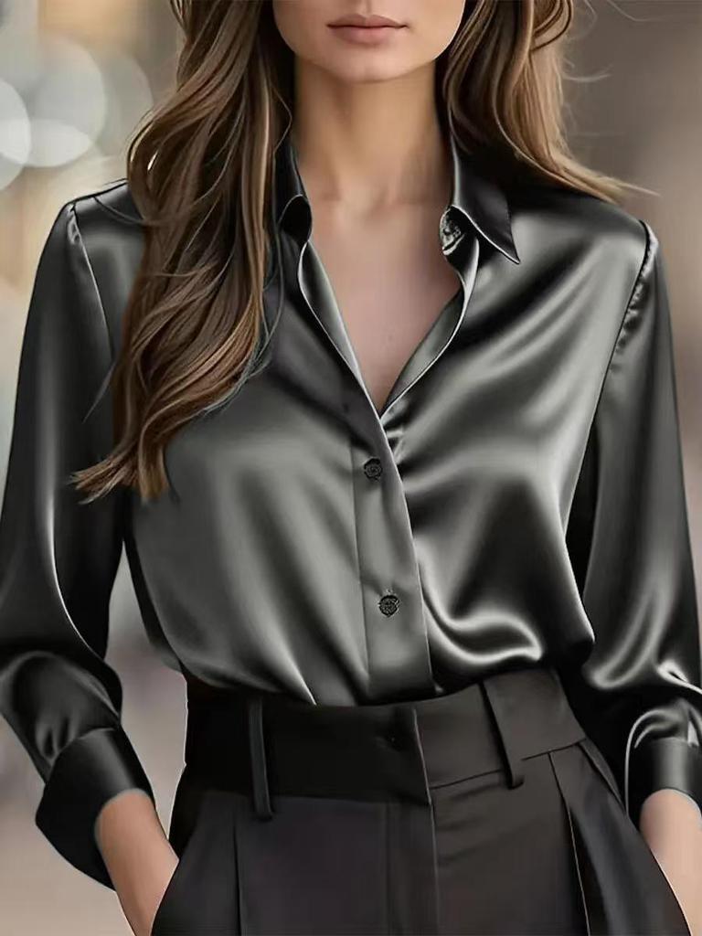 Autumn 2025 Elegant Satin Long Sleeve Button-Down Women's Shirt