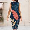 Women Plus Size Round Neck Sleeveless Printed Bodycon Midi Dress
