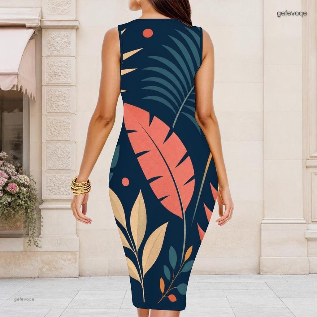 Women Plus Size Round Neck Sleeveless Printed Bodycon Midi Dress