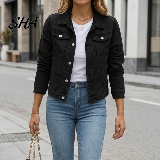 Women Jean Jacket Women's Long Sleeve Cropped Denim Jacket, Button Down Lapel Jeans Coat with Pockets, Fall Spring Lightweight Outerwear