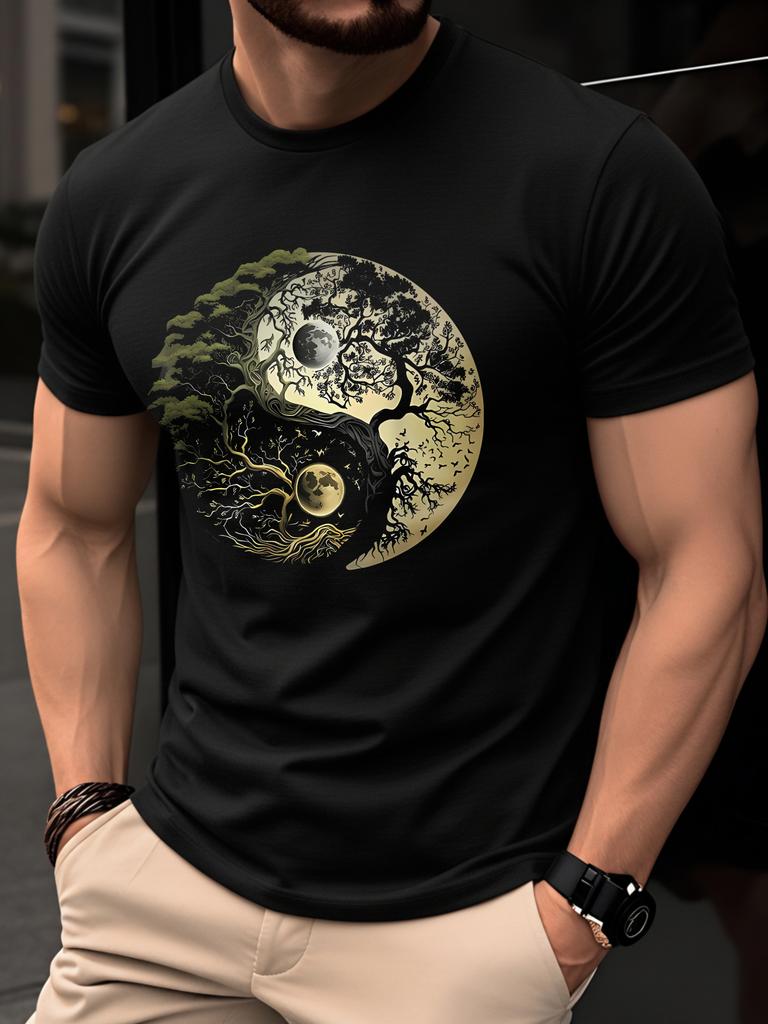Men's Summer Casual Loose-Fit Sports T-Shirt with Yin-Yang Tree Print Round-Neck Short-Sleeve Top Minimalist Men's Commuter Wear
