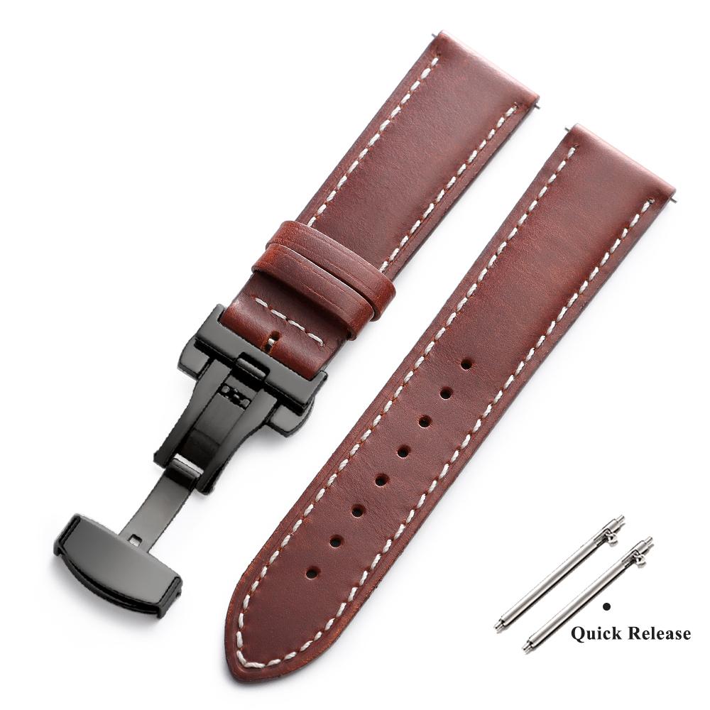 Vintage Oljebetsat Läder Klockarmband 18mm 20mm 22mm Universellt Huvud Lager Ko Läder Klockarmbands Tillbehör Fjärilsspänne Armband