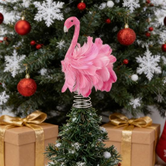 Flamingo Christmas Tree Topper Decoration Pink Artificial Feather Bird Decor with Clip/Spring Indoor Outdoor Garden Holiday Party Ornament