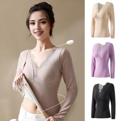 Thermal Bottoming Tops with Built-in Chest Pads DE Velvet Double Layer Warmth Long Sleeve Pullover Tops Solid Color Winter Inner Outer Wear