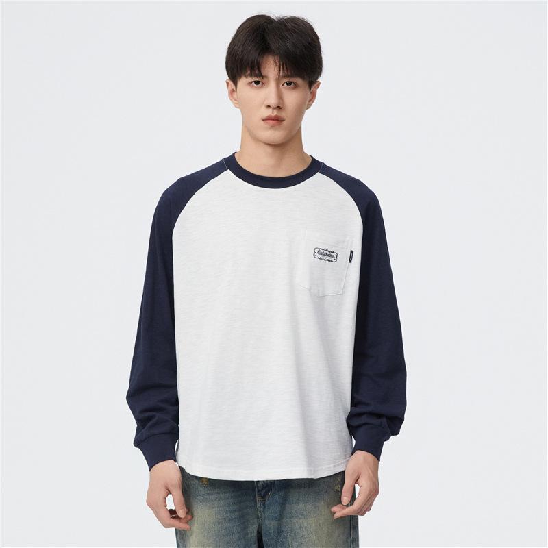 

Сращивание контрастных цветов с длинными рукавами свитер футболка мужская весна и осень свободный круглый вырез без шапки пуловер повседневная куртка на одежде 4XL