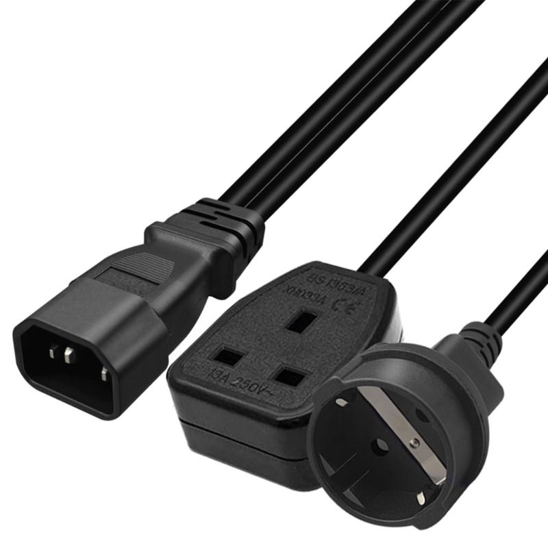 IEC320 C14 to UK 13A +EU4.8mm AC-Power Adapter Cable, 3 Terminals Male to Female Power Connector Cord Wire