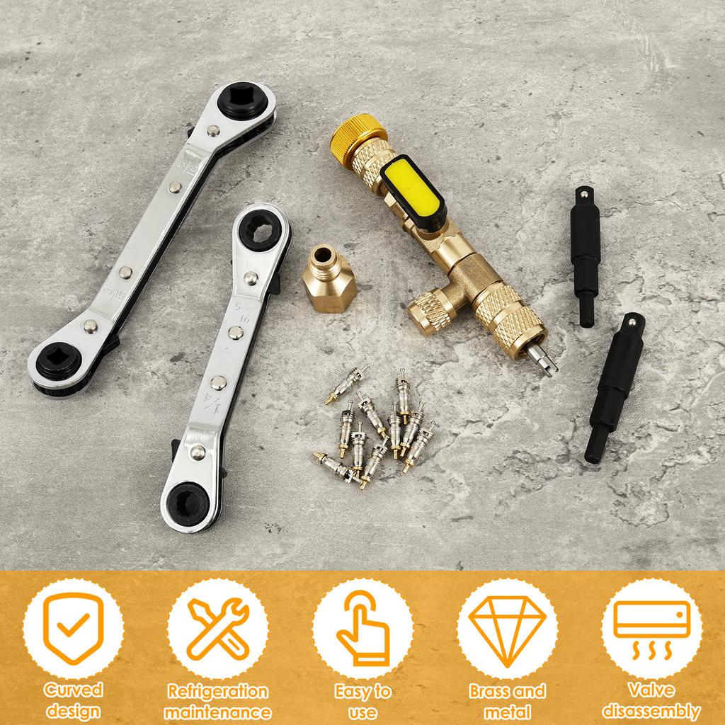 Valve Core Remover Installer Tool with Dual Size 1/4 Inch and 5/16 Inch Port Air Conditioning Valve Core Removal Tool Wrench