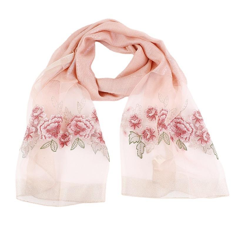 Hangzhou silk and wool blend exquisite embroidered women's long silk scarf, classic mulberry silk shawl in apricot color