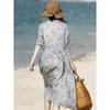 2026 Summer Cotton Linen V-Neck Waist-Cinching Printed Dress - Fashionable Casual Short-Sleeve Skirt for Women