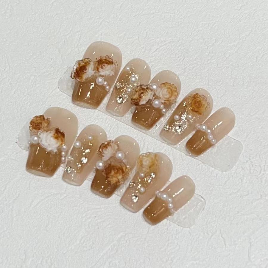 Flowers and Brocades Wear Nail Pieces Handmade High-end Caramel Color French Rose Manicure Fake Nails Removable