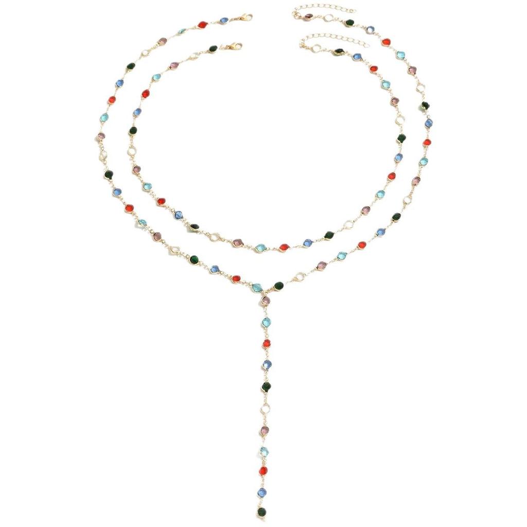 Colorful Crystal Metal Collarbone Necklace - Long Gold-Plated Necklace for Women