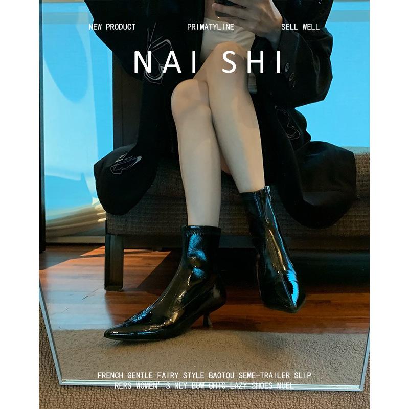 Sheepskin version! French pointed toe bare boots temperament kitten and black short boots women's side zipper elastic thin boots thin heel