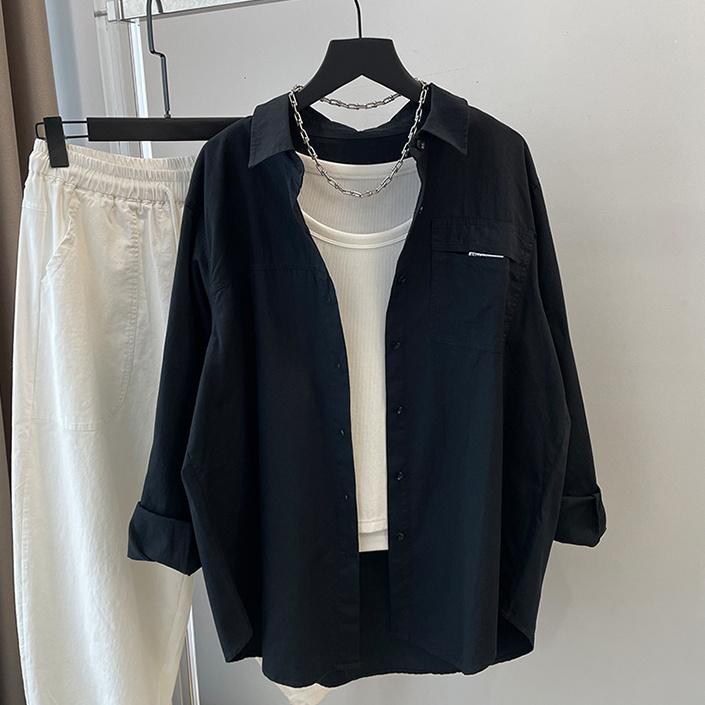 

Минималистская однотонная рубашка для женщин с длинным рукавом, осенне-зимний наряд, уникальный дизайн, универсальная и утягивающая верхняя одежда из хлопка L чёрный