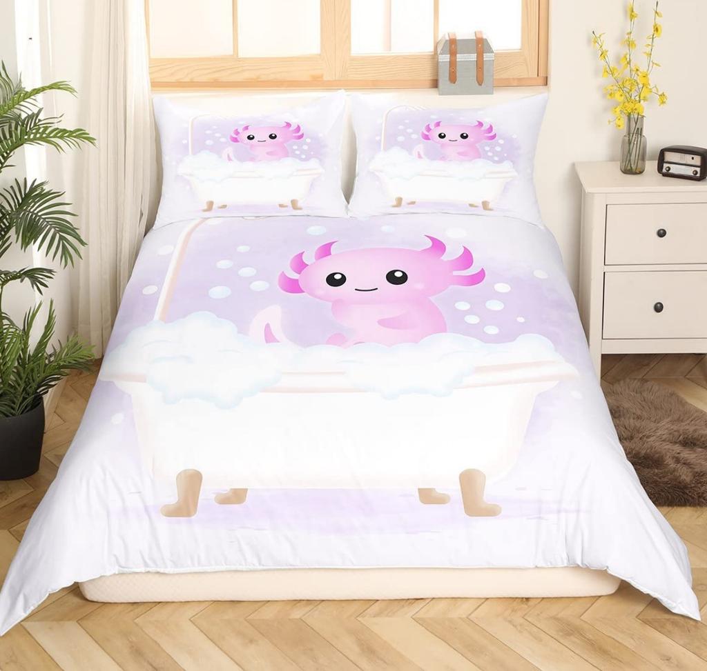 Cartoon Pink Axolotl Floral Duvet Cover King Size 3D Cute Salamander Bedding Set Suitable For Boys Girls Room Decoration 3 Pcs