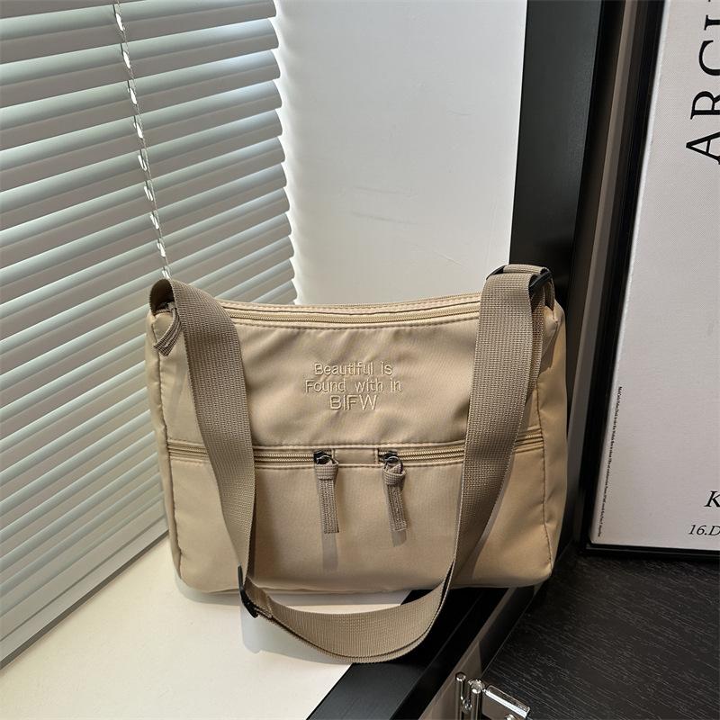 2025 Spring New Casual Light Cloth Bag Japanese Style Solid Color Simple Letter Embroidery Shoulder Bag Crossbody High Sense