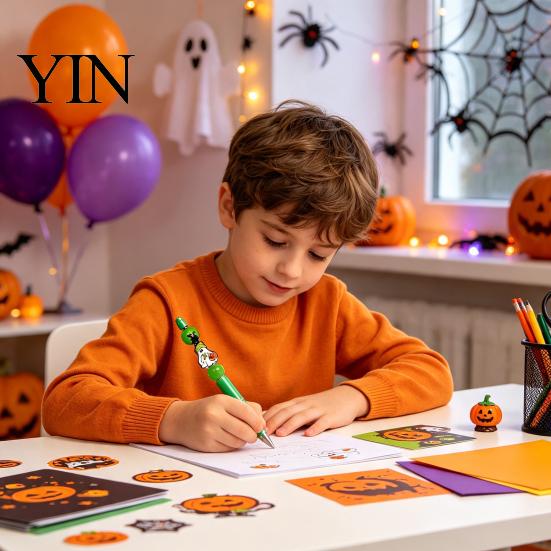 Holiday Gift Ideas 8PCS Halloween Beadable Pens, DIY Ballpoint Pens with Ghost Pendants And Acrylic Beads, Creative Stationery for Office School