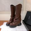 Women's Soft Leather Knee-High Ruched Boots with Thick Sole - 2024 Autumn/Winter