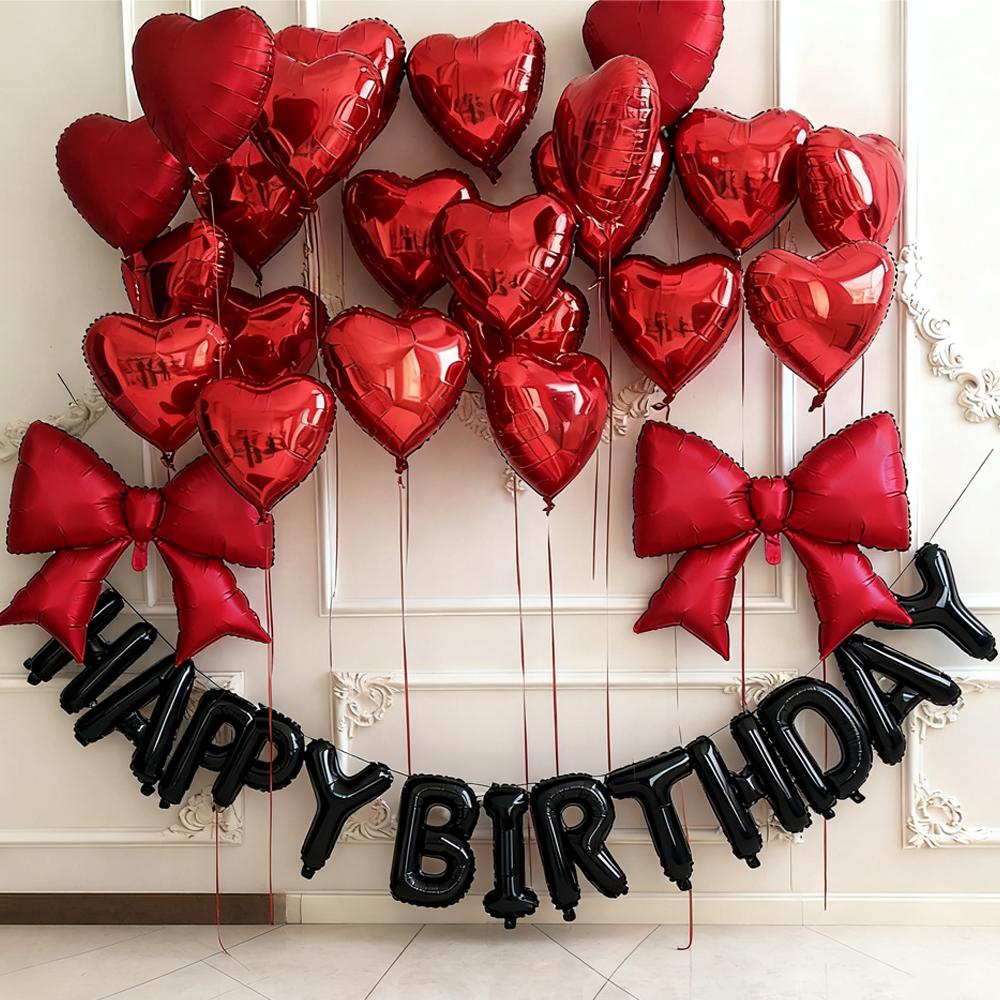 29 PcsBlack Happy Birthday Balloon Set Red Heart Balloon Bow Aluminum Film Balloon Birthday Party Decoration Photography Props
