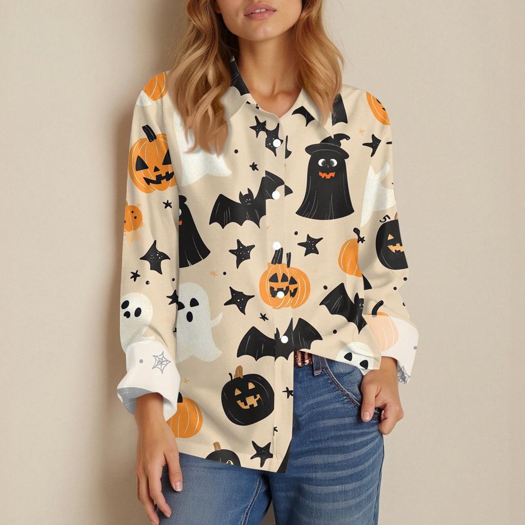 Damen Hemd Bluse Halloween Print Knopf Langarm Lässig Basic Hemdkragen Regulär Top