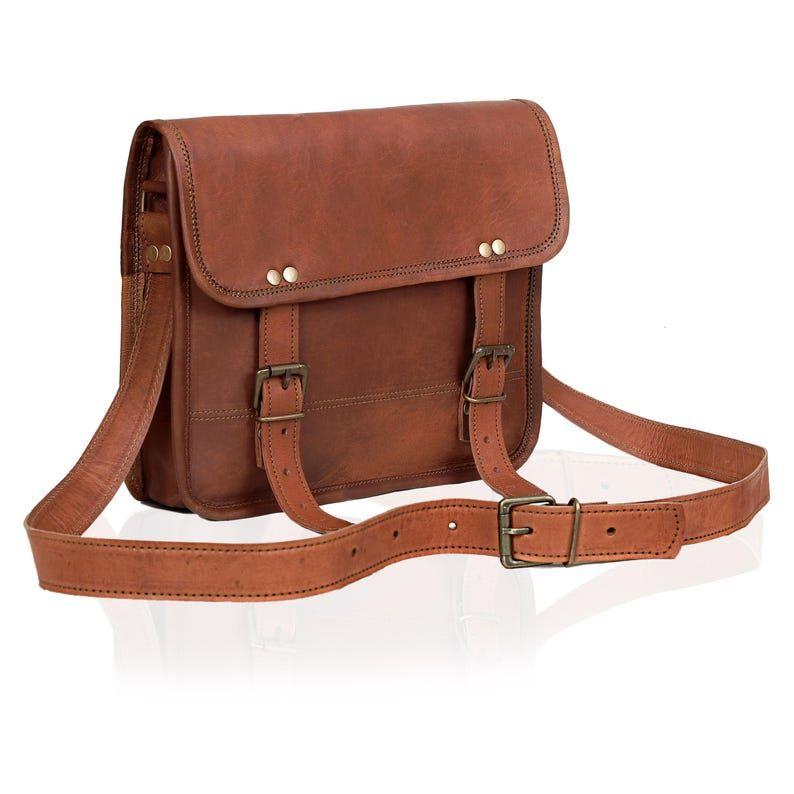 Goat Leather Messenger Bag: Personalized Tablet Satchel, Brown Crossbody
