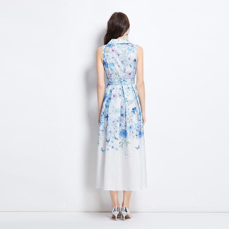 Summer Women Vintage Print Designer Runway Dress Sleeveless Blazer Collar Seaside Beach Long Maxi Tank Dresses