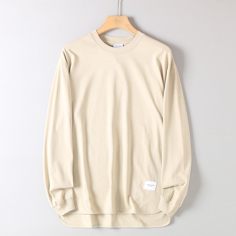 Foreign Trade Surplus Japanese Retro Washed Cotton Round Neck Long Sleeve T-Shirt for Men, Autumn Solid Color Loose Base Shirt