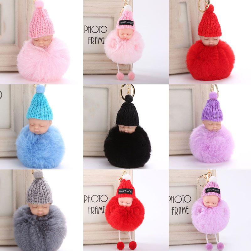 Entzückender schlafender Babypuppen-Schlüsselanhänger mit weichem künstlichem Kaninchenfell für Taschen und Schlüssel