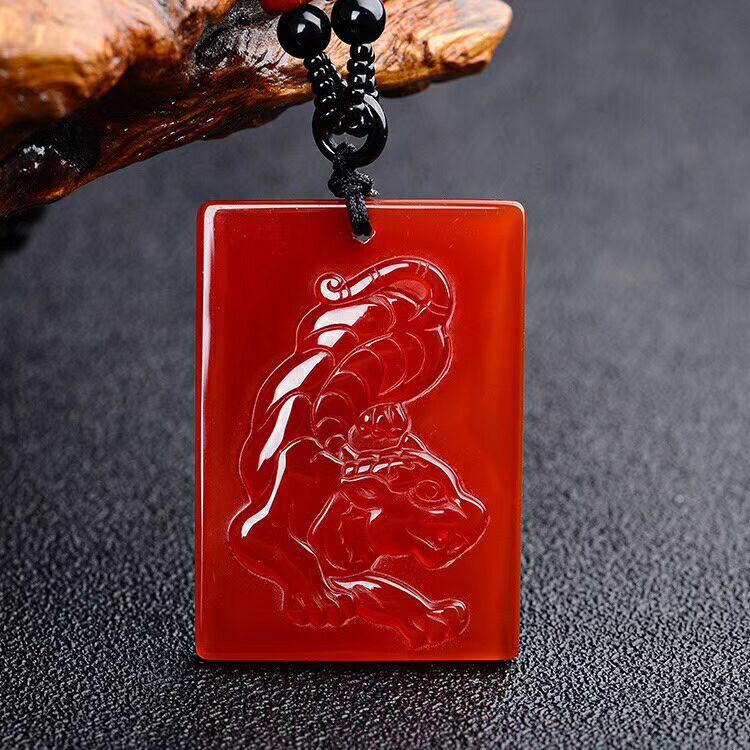 Red Agate Zodiac Pendant - New Design with Monkey and Dog Symbols for Prosperity and Brightness