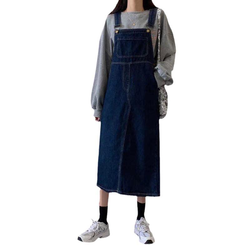 Women's Denim Suspender Long Skirt - Korean Style, Fashionable, Loose, Slim-Fit, Versatile, Age-Reducing, Perfect for Spring and Autumn