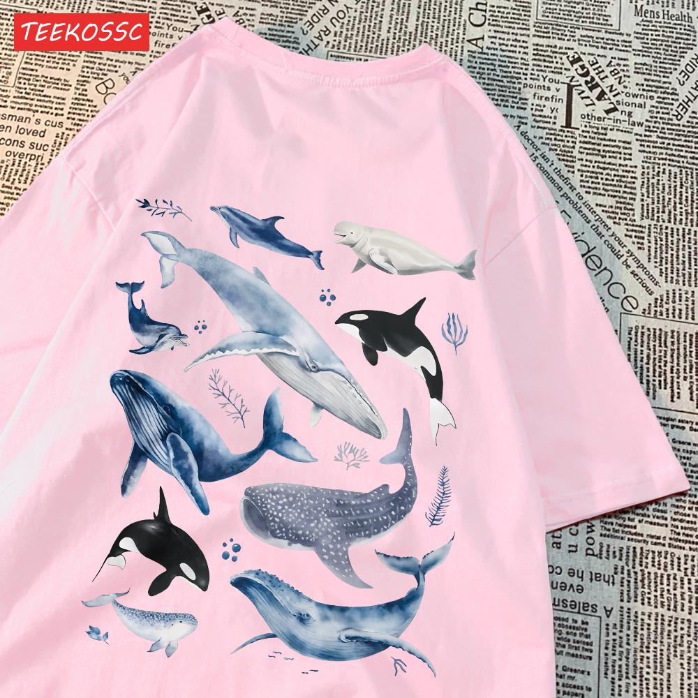 Fashion Cotton WomenS TShirts Ocean And Whales Printing Tops Oversize ONeck Soft Short Sleeve Summer Casual Female Clothes