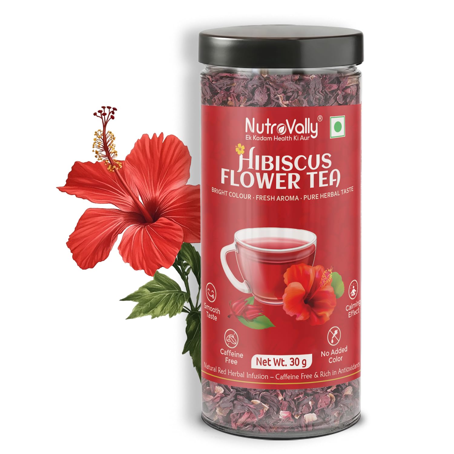 NutroVally Hibiscus Tea-30g| Fresh Hibiscus Flowers| Helps In Skin Glow|hibiscus flower tea| Natural Herbal Tea |Rich Color, Floral Aroma|Caffein