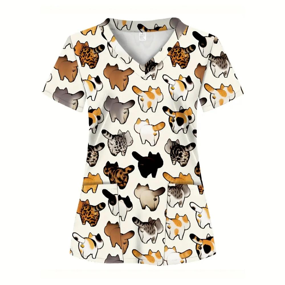 Hauts d'uniforme d'infirmière Animaux de dessin animé pour femmes Uniforme d'infirmière Mode femme Décolleté en V Poche Salopette Uniformes médicaux Uniforme Enfermera