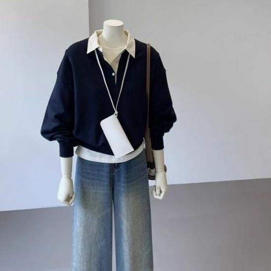 

Женский осенне-зимний свитшот-поло из искусственной двухслойной ткани в стиле колор-блок - Свободный, Шикарный, Стройнящий дизайн Medium темно-синий