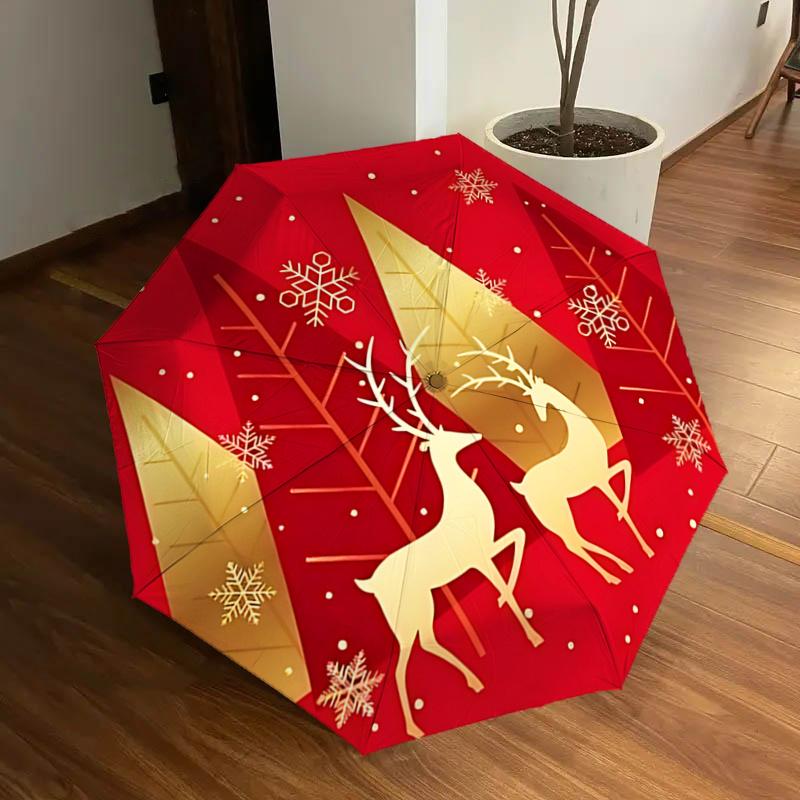 

Christmas Deer and Snowflakes Outdoor Rain Umbrella - Automatic Opening/Closing, Portable 3-Fold Design, 8-Bone Iron Frame, Festive Gift for