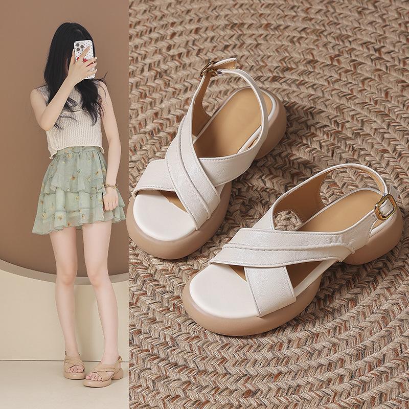 2025 Summer New Cross-strap Platform Sandals Retro with Skirt One-word Buckle Outside Wearing Roman Sandals
