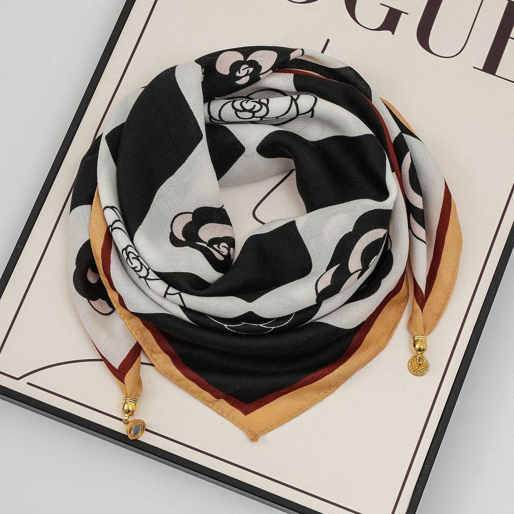 Women's 65" Silk Square Scarf with Magnetic Buckle – Autumn/Winter Print, Fashionable & Versatile Triangle Snood