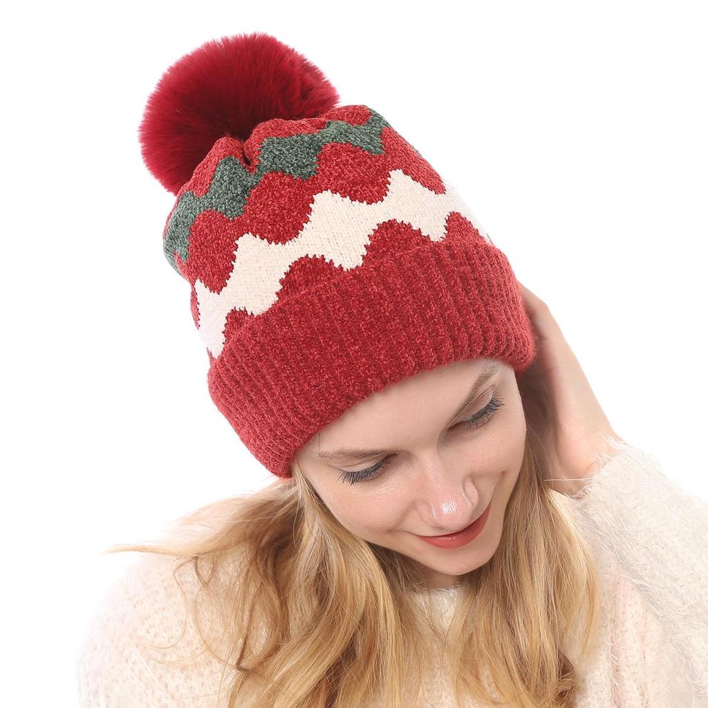 Women's Autumn Winter Plush Warm Knit Hat Chenille Soft Wave Wool Ball Wool Hat