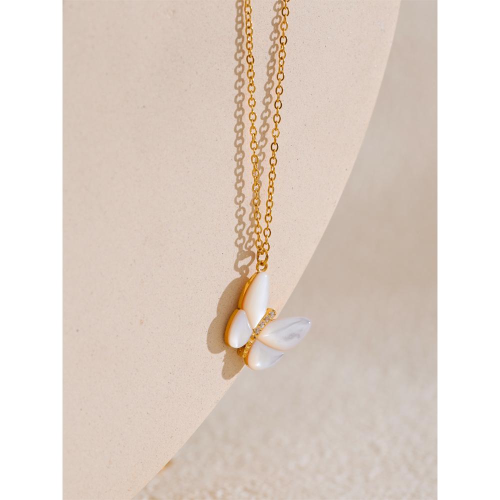 Yhpup Exquisite Natural Shell Zircon Butterfly Pendant Necklace for Women Stainless Steel Korean Style Delicate Jewelry Gift