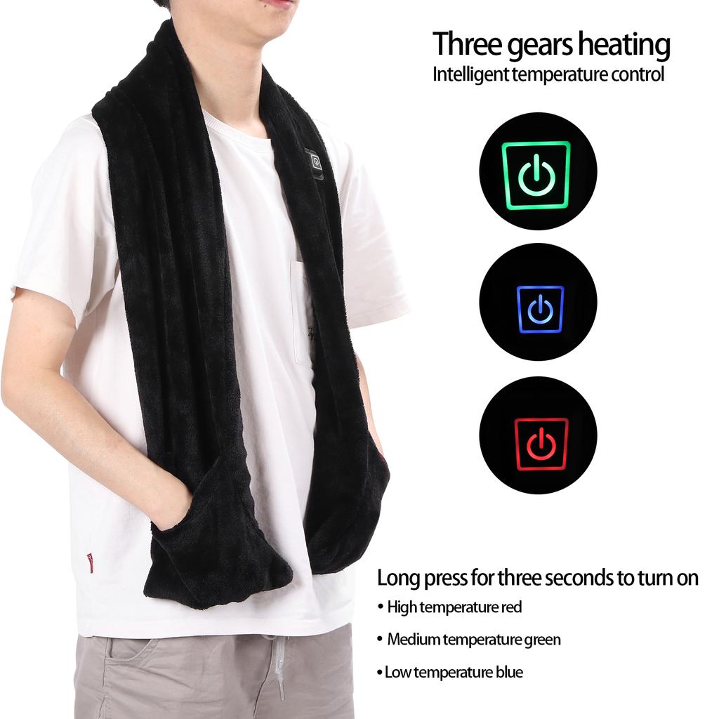 Heated Scarf Adjustable Temperature Long Heating Neck Scarf Neckwear with Pockets Black