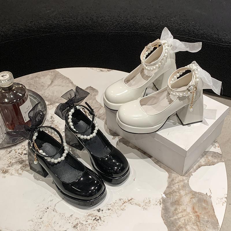 Designer Mary Jane Shoes Women's Spring New Ultra-high Heel Pearl Chain with Platform Block Heel Wedding Shoes Lolita Shoes