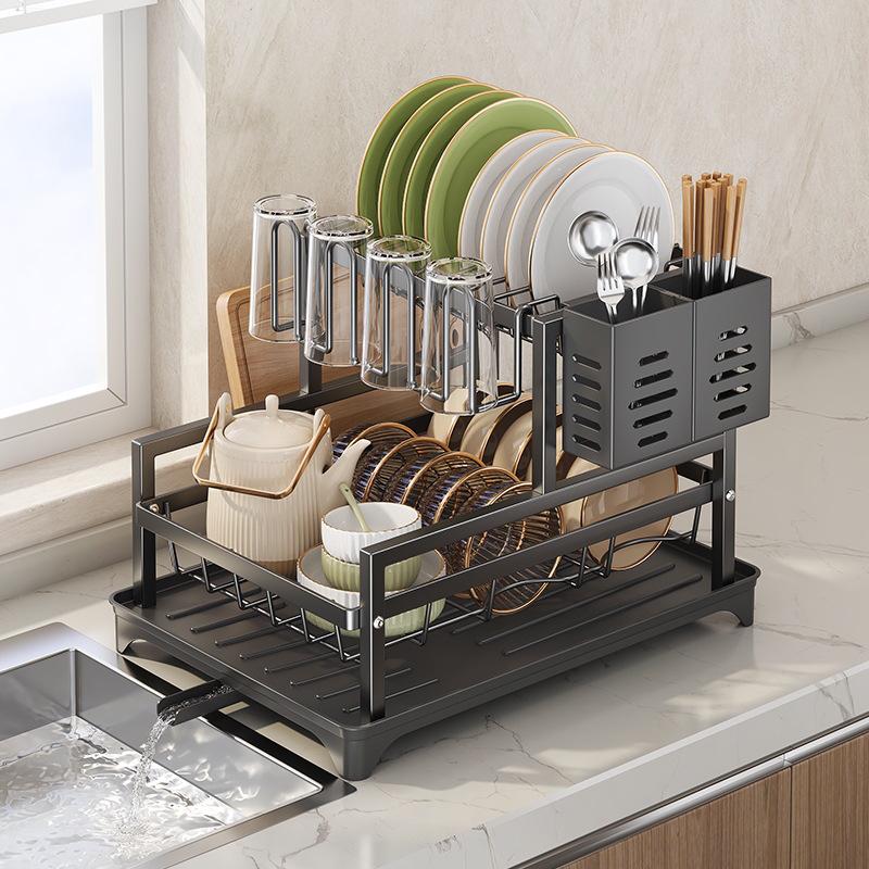 Countertop Kitchen Storage Rack: Holds Bowls, Plates, Chopsticks, Cutting Board & Cups, Includes Drainer, No Installation Required