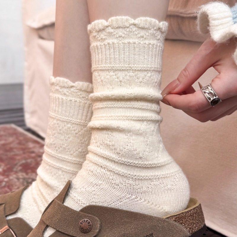 Women's White Wool Mid-Calf Lace Socks, Japanese Style Autumn/Winter Thickened Knit Boot Socks
