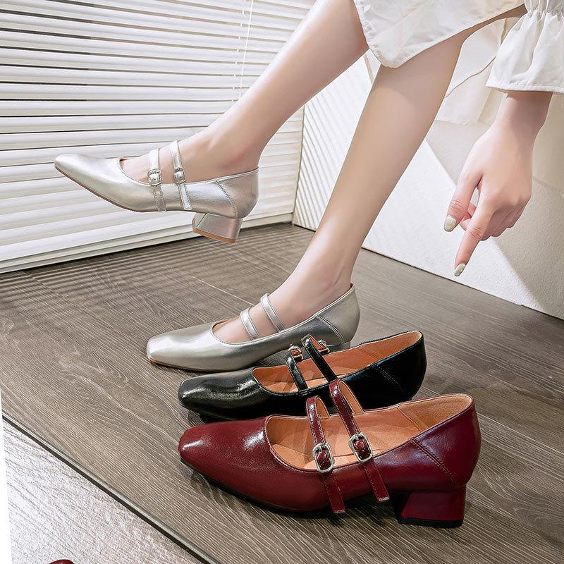 Square head word with high heels thick heel French retro Mary Jane women's shoes 2025 new spring and autumn low heel single shoes