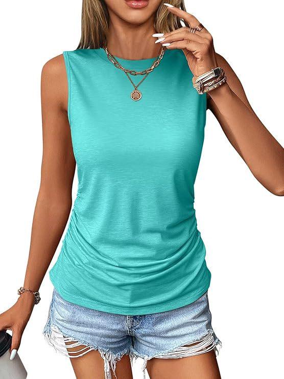 2026 Women's Sleeveless Pleated Round Neck Solid Color Casual Summer Pullover Vest