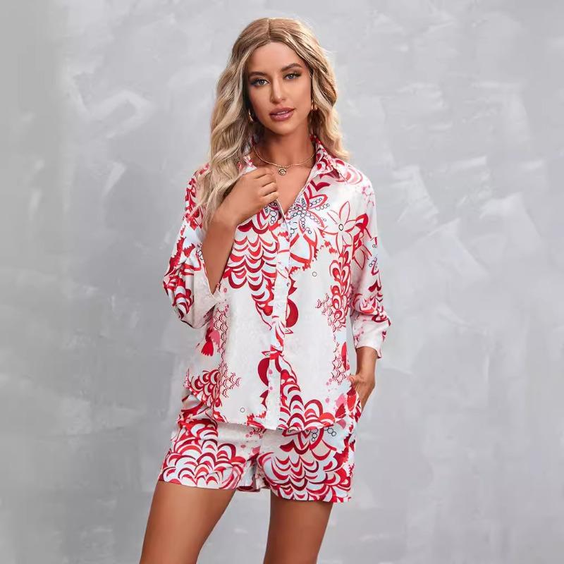 Plus Size Women's New Printed Three Quarter Sleeve Shorts Casual Suit