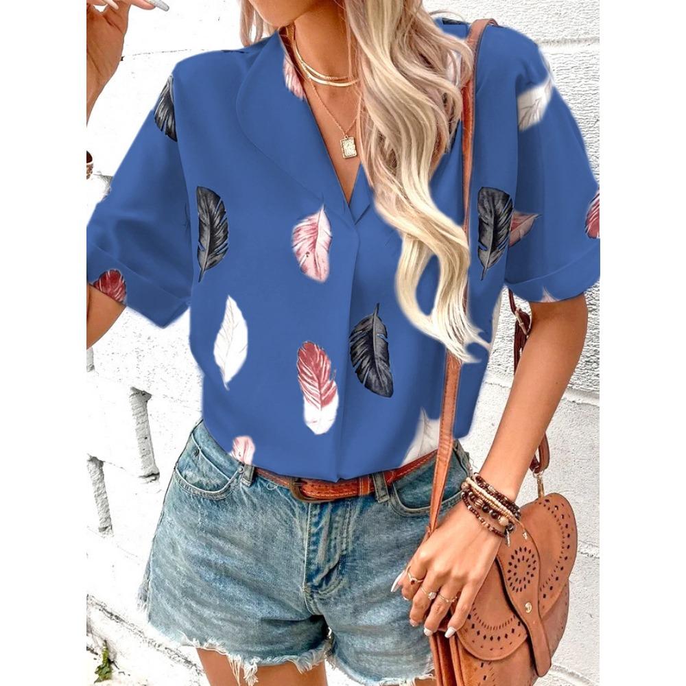 Summer Lapel Feather Shirt Short Sleeve Shirt