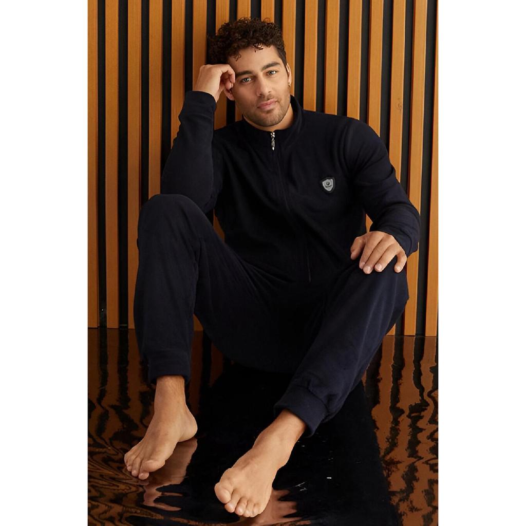 Gray Front Zipper Long Sleeve Fleece Men's Pajama Set