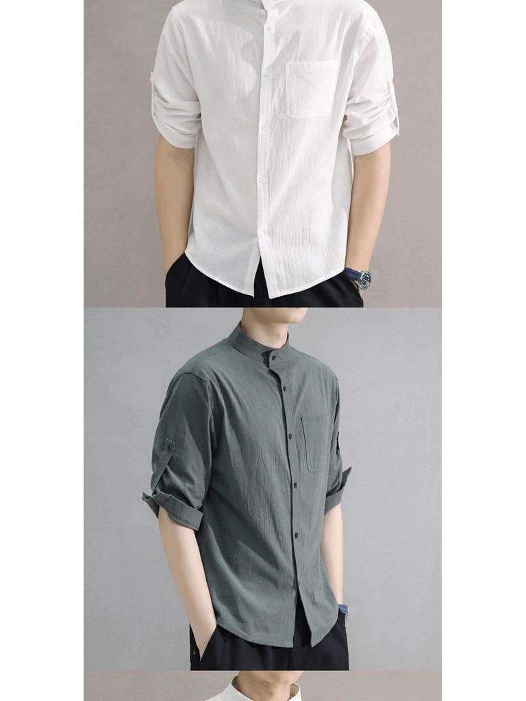 Men's Summer Korean Style Cotton-Linen Slim Fit Linen Shirt with Five-Point Sleeves.