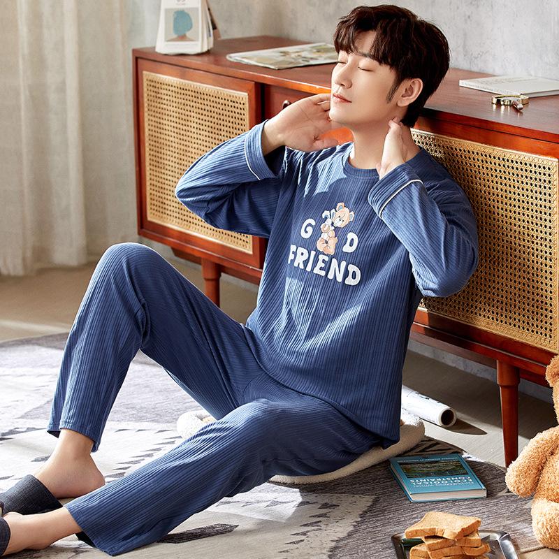 Pánský bavlněný pyžamový set plus size - Podzim/Zima S dlouhým rukávem a kalhotami Domácí oblečení